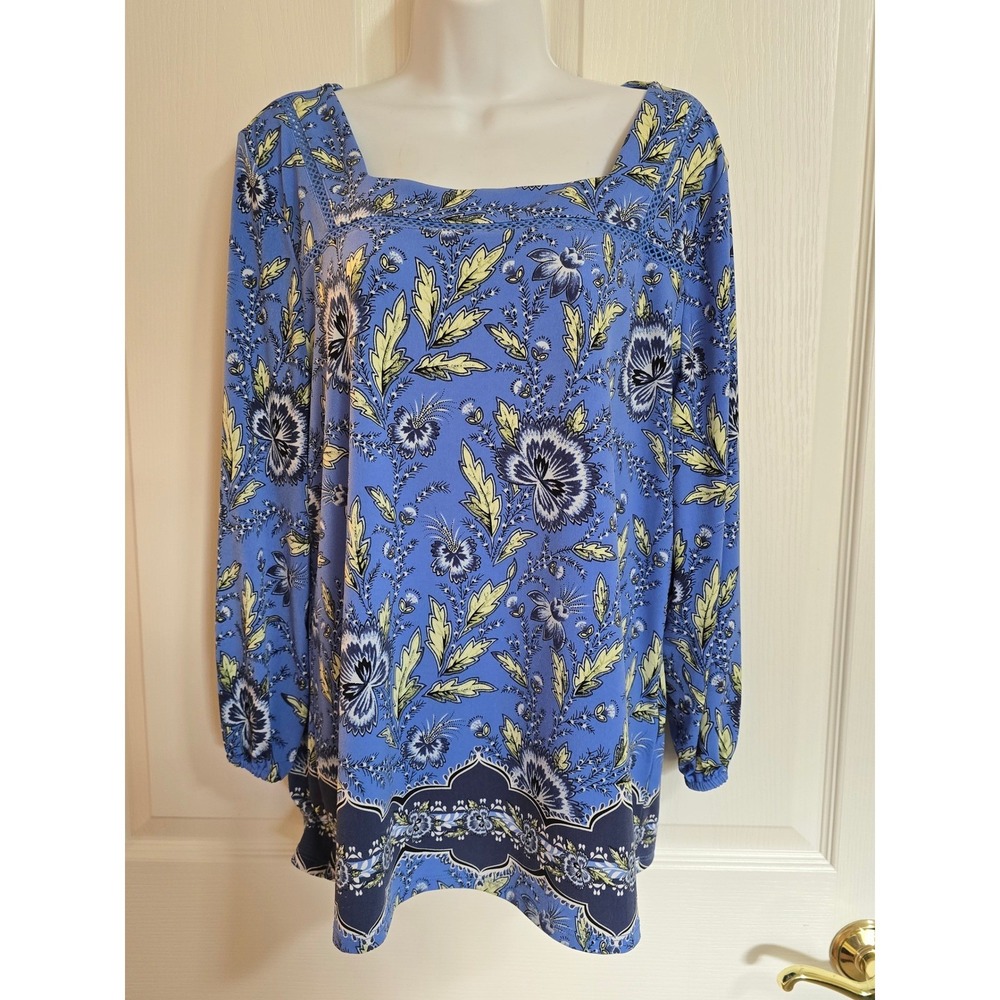 JM Collection Blue Floral Square Neck Long Sleeve Tunic Top Womens Size L /0225